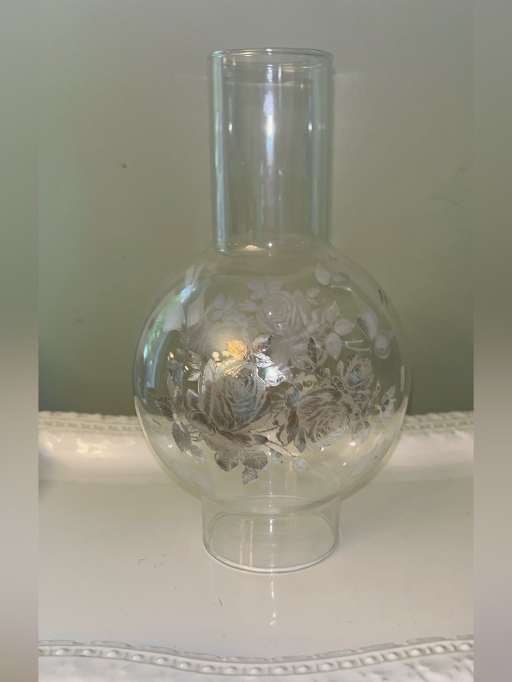 Hurricane lamp chimney with Floral Etched Glass - MCM